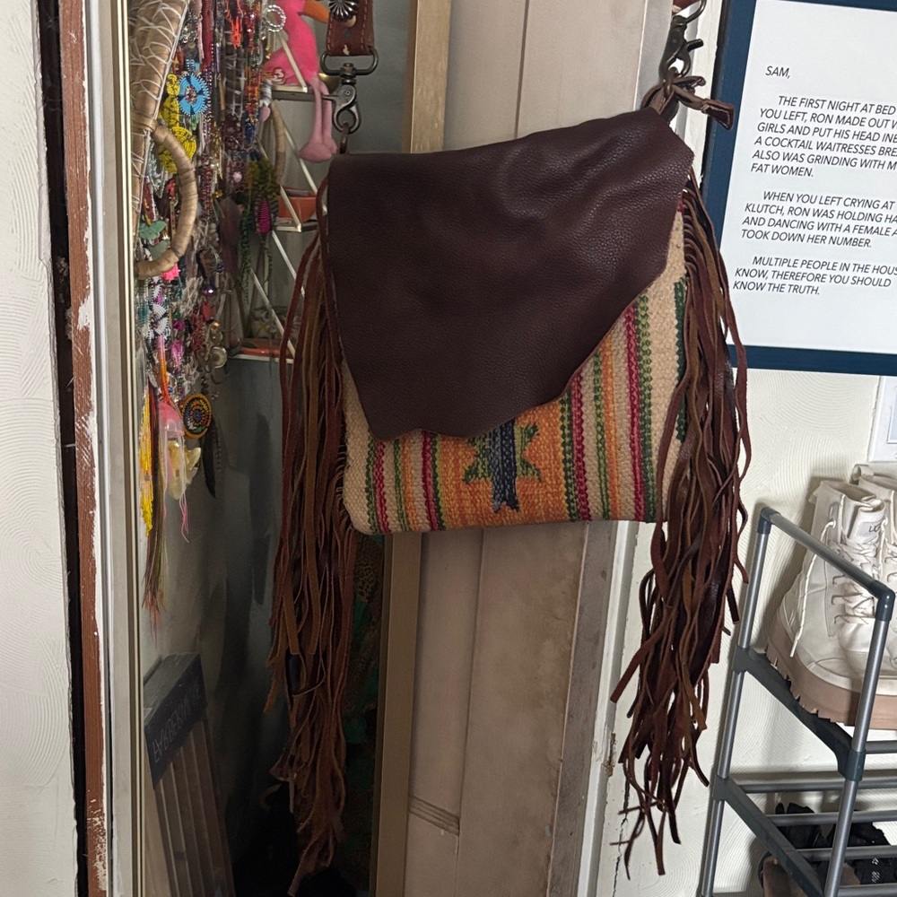 Myra Bag Rustic Fringe Shoulder Bag - Brown and Multicolor